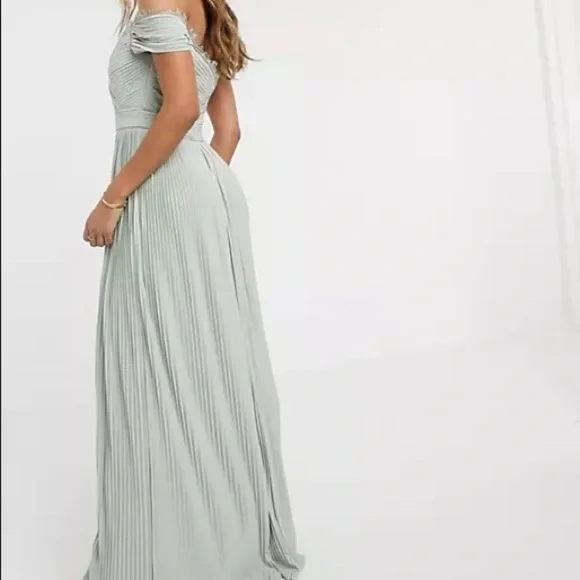 Asos premium lace and pleat Bardot maxi dress sage green NWT 4 - Picture 5 of 12